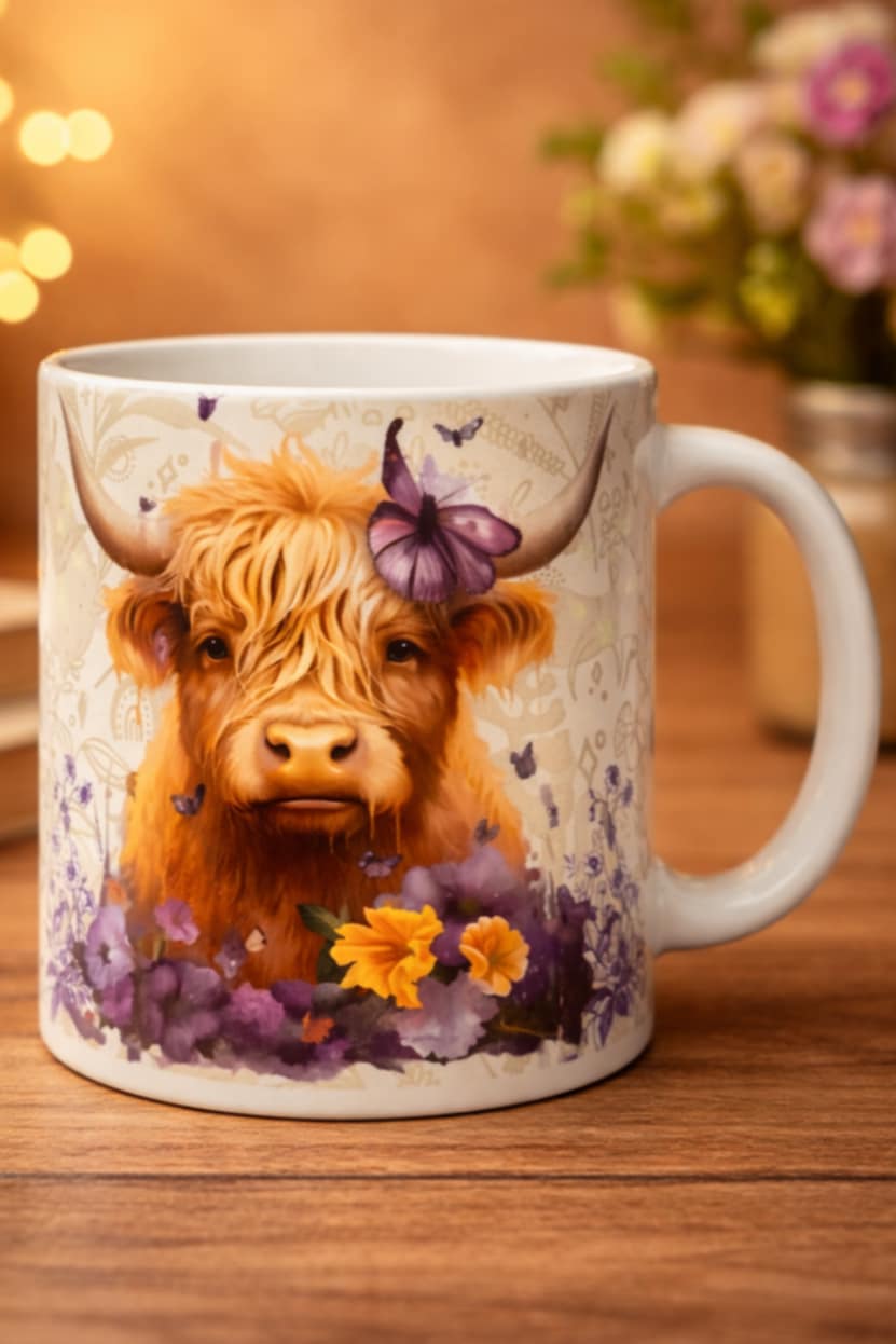 "Schotse Hooglander mok bloemen en vlinders keramiek 325 ml β cadeau voor natuurliefhebbers"