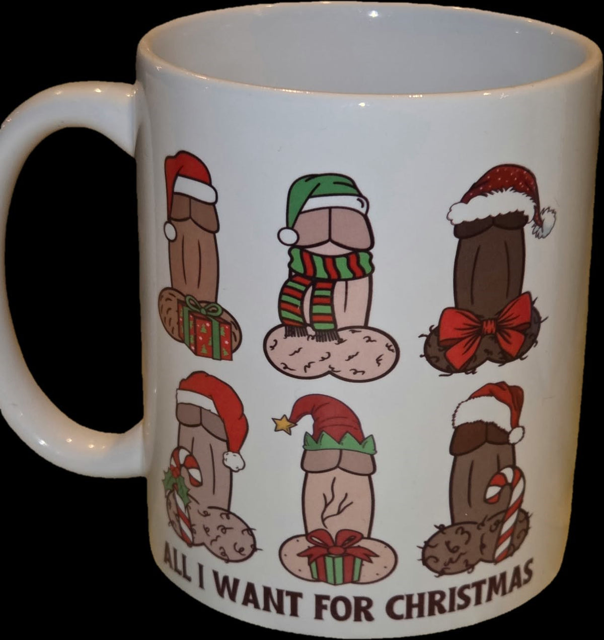 Witte kerstmok met zes ondeugende kerstillustraties en de tekst All I Want for Christmas