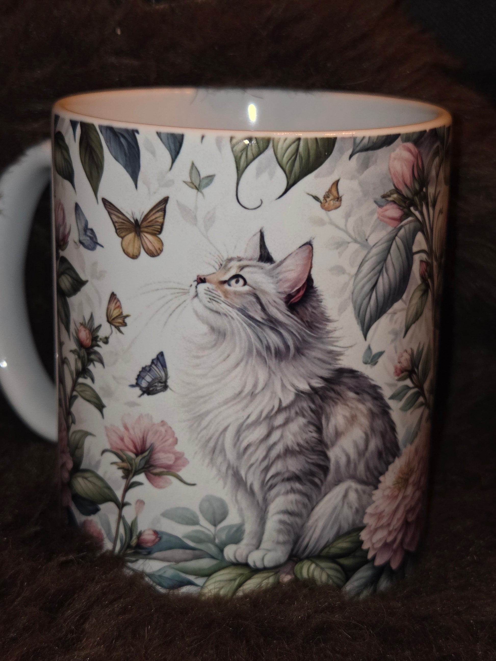 Maine Coon pioenrozen mok 325 ml – keramische kattenmok cadeau voor kattenliefhebber