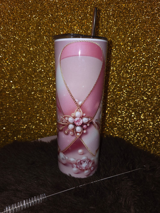 Ribbon Luxe Tumbler Roze & Goud – Dubbelwandige Tumbler met Rietje
