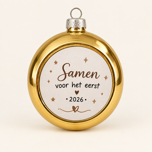 Productfoto gouden kerstbal Samen voor het eerst 2026