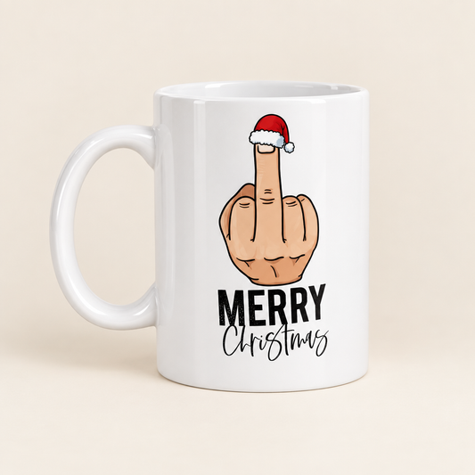 Productfoto witte mok met foute Merry Christmas-print